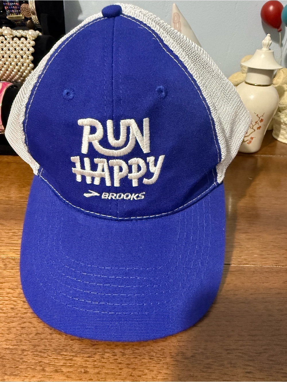 Brooks Blue and White Run Happy Trucker Hat